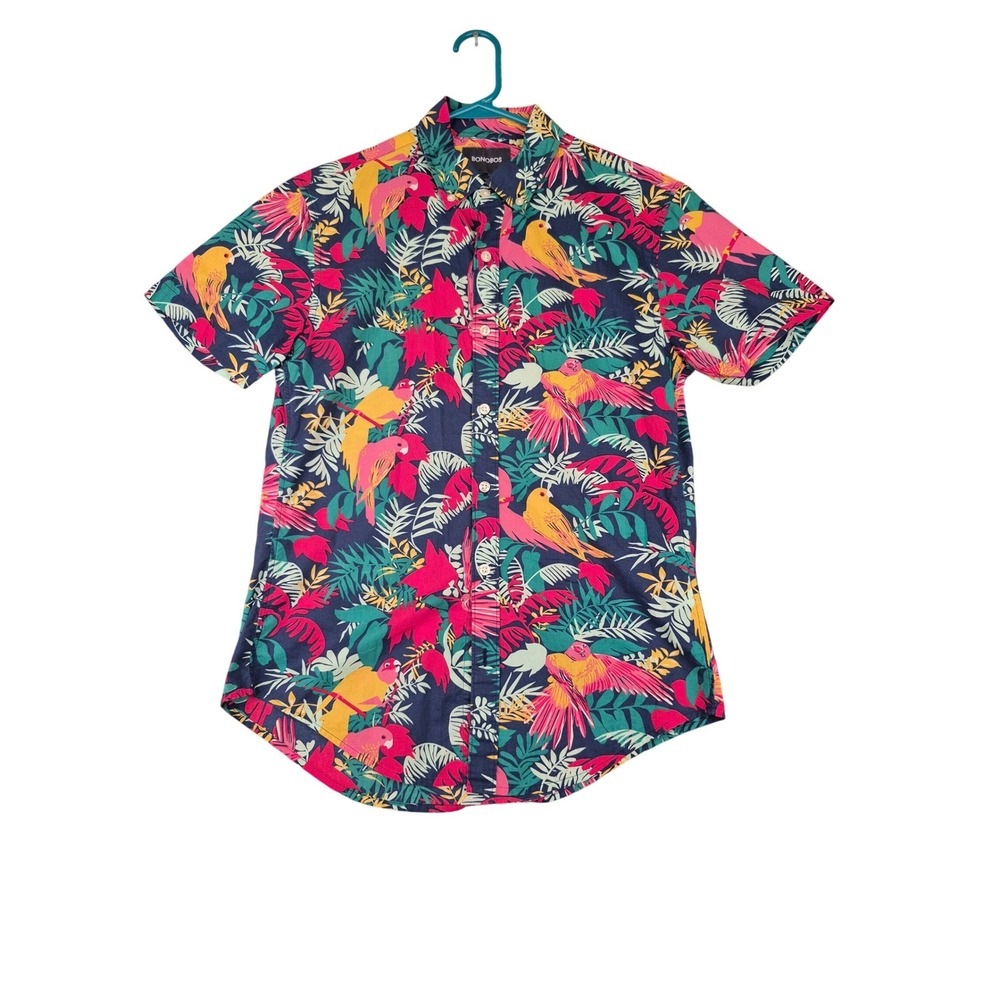 Bonobos Shirt Mens Small Slim Fit Tropical Parrot Print Multicolor Short Sleeve